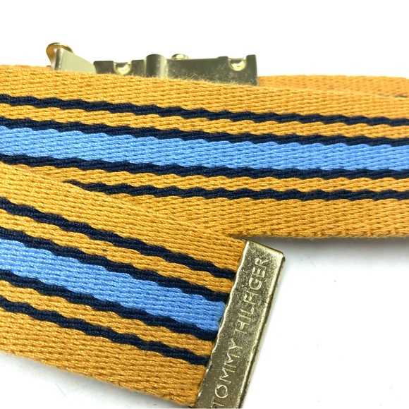 Tommy Hilfiger Canvas Ratchet Gold Buckle Belt yellow Blue Striped Ajustable - Picture 12 of 16